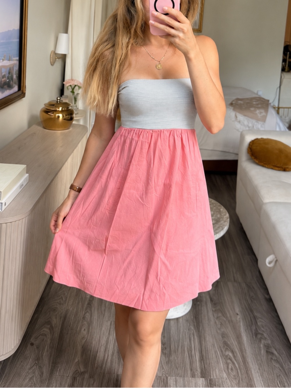 Theory Fabiola Linen Strapless Colorblock Pink Striped Dress OSFA
